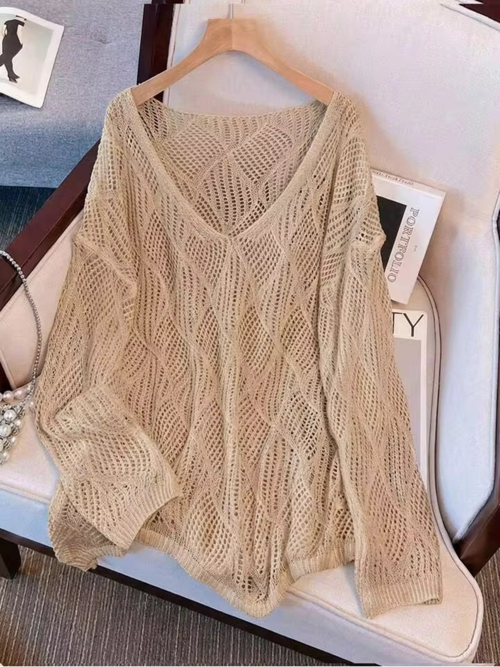 Camel Open-Knit V-Neck Sweater - Women's Lightweight Pullover